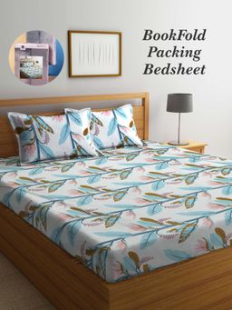 ARRABI - Multi-Color Leaf Cotton Blend Book Fold Bedsheet With 2 Pillow Covers (King)