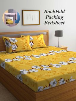 ARRABI - Yellow Floral Cotton Blend Book Fold Bedsheet With 2 Pillow Covers (King)