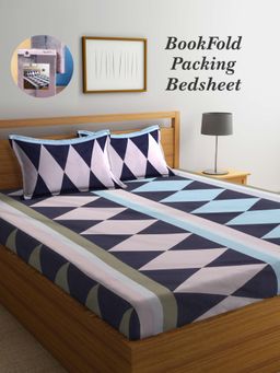 ARRABI - Multi-Color Geometric Cotton Blend Book Fold Bedsheet With 2 Pillow Covers (King)
