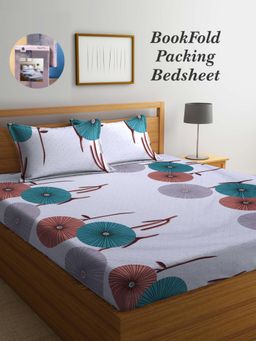 ARRABI - Grey Floral Cotton Blend Book Fold Bedsheet With 2 Pillow Covers (King)