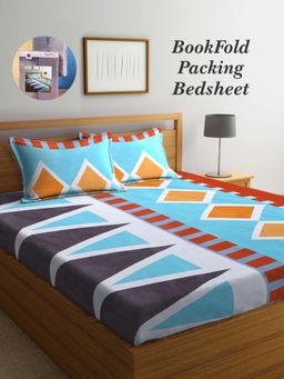 ARRABI - Blue Geometric Cotton Blend Book Fold Bedsheet With 2 Pillow Covers (King)