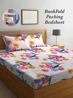 ARRABI - Multi-Color Floral Cotton Blend Book Fold Bedsheet With 2 Pillow Covers (King)