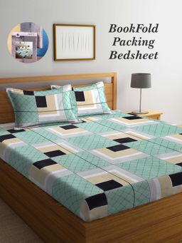 ARRABI - Multi-Color Geometric Cotton Blend Book Fold Bedsheet With 2 Pillow Covers (King)