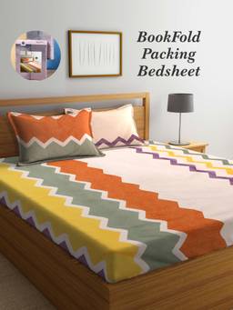 ARRABI - Multi-Color Geometric Cotton Blend Book Fold Bedsheet With 2 Pillow Covers (King)