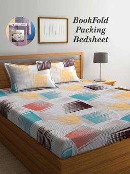 ARRABI - Multi-Color Graphic Cotton Blend Book Fold Bedsheet With 2 Pillow Covers (King)