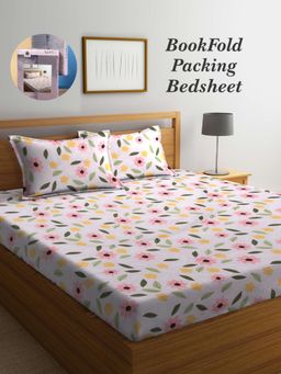 ARRABI - Multi-Color Floral Cotton Blend Book Fold Bedsheet With 2 Pillow Covers (King)