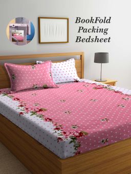 ARRABI - Pink Floral Cotton Blend Book Fold Bedsheet With 2 Pillow Covers (King)