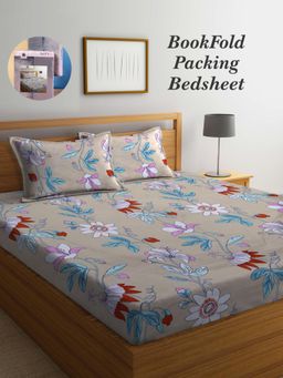 ARRABI - Beige Floral Cotton Blend Book Fold Bedsheet With 2 Pillow Covers (King)