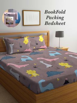 ARRABI - Brown Cartoon Cotton Blend Book Fold Bedsheet With 2 Pillow Covers (King)