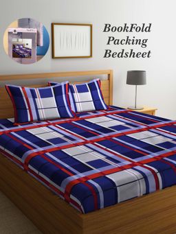 ARRABI - Blue Geometric Cotton Blend Book Fold Bedsheet With 2 Pillow Covers (King)