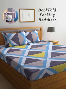 ARRABI - Multi-Color Geometric Cotton Blend Book Fold Bedsheet With 2 Pillow Covers (King)
