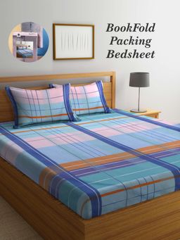ARRABI - Multi-Color Checks Cotton Blend Book Fold Bedsheet With 2 Pillow Covers (King)