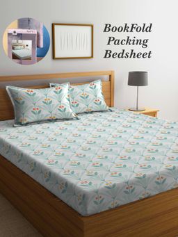 ARRABI - Green Leaf Cotton Blend Book Fold Bedsheet With 2 Pillow Covers (King)