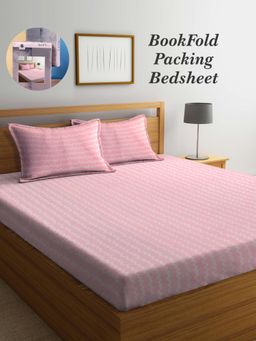 ARRABI - Pink Stripes Cotton Blend Book Fold Bedsheet With 2 Pillow Covers (King)