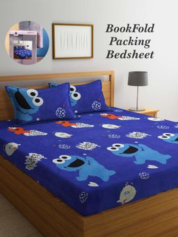 ARRABI - Blue Cartoon Cotton Blend Book Fold Bedsheet With 2 Pillow Covers (King)