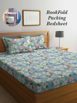 ARRABI - Blue Floral Cotton Blend Book Fold Bedsheet With 2 Pillow Covers (King)