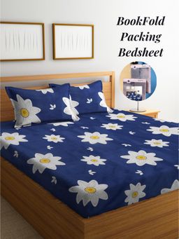 ARRABI - Blue Floral Cotton Blend Book Fold Bedsheet With 2 Pillow Covers (King)