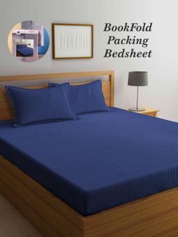 ARRABI - Blue Stripes Cotton Blend Book Fold Bedsheet With 2 Pillow Covers (Super King)