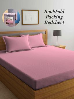 ARRABI - Pink Stripes Cotton Blend Book Fold Bedsheet With 2 Pillow Covers (Super King)