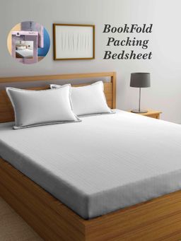 ARRABI - White Stripes Cotton Blend Book Fold Bedsheet With 2 Pillow Covers (Super King)