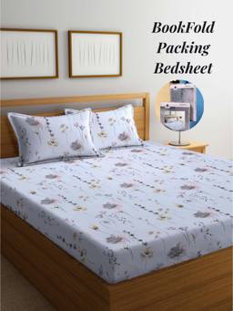 ARRABI - Grey Floral Cotton Blend Book Fold Bedsheet With 2 Pillow Covers (King)
