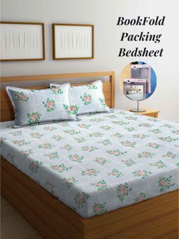 ARRABI - Grey Floral Cotton Blend Book Fold Bedsheet With 2 Pillow Covers (King)