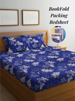 ARRABI - Blue Leaf Cotton Blend Book Fold Bedsheet With 2 Pillow Covers (King)