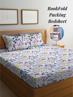 ARRABI - White Floral Cotton Blend Book Fold Bedsheet With 2 Pillow Covers (King)