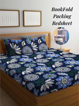 ARRABI - Blue Floral Cotton Blend Book Fold Bedsheet With 2 Pillow Covers (King)