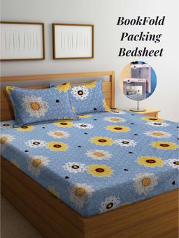 ARRABI - Grey Floral Cotton Blend Book Fold Bedsheet With 2 Pillow Covers (King)
