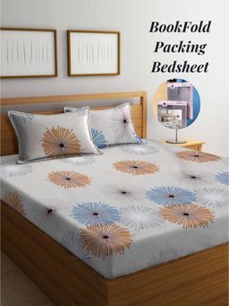 ARRABI - Beige Graphic Cotton Blend Book Fold Bedsheet With 2 Pillow Covers (King)