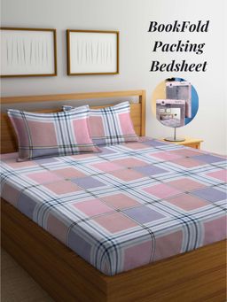 ARRABI - Multi-Color Checks Cotton Blend Book Fold Bedsheet With 2 Pillow Covers (King)