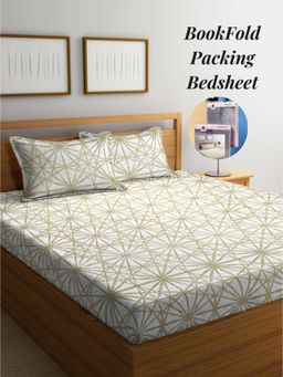 ARRABI - Beige Graphic Cotton Blend Book Fold Bedsheet With 2 Pillow Covers (King)