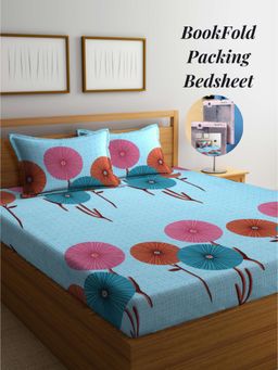 ARRABI - Blue Geometric Cotton Blend Book Fold Bedsheet With 2 Pillow Covers (King)