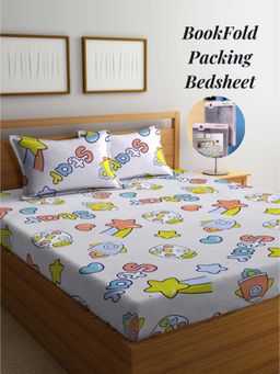 ARRABI - Beige Graphic Cotton Blend Book Fold Bedsheet With 2 Pillow Covers (King)