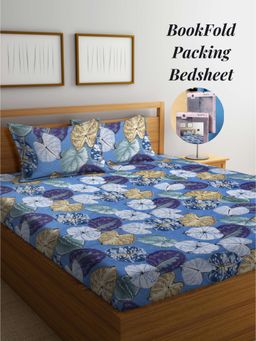 ARRABI - Blue Leaf Cotton Blend Book Fold Bedsheet With 2 Pillow Covers (Super King)