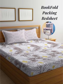 ARRABI - Brown Leaf Cotton Blend Book Fold Bedsheet With 2 Pillow Covers (Super King)