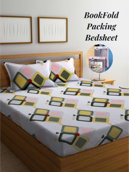 ARRABI - Multi-Color Geometric Cotton Blend Book Fold Bedsheet With 2 Pillow Covers (Super King)