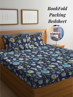 ARRABI - Blue Floral Cotton Blend Book Fold Bedsheet With 2 Pillow Covers (Super King)