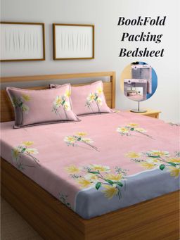 ARRABI - Peach Floral Cotton Blend Book Fold Bedsheet With 2 Pillow Covers (Super King)