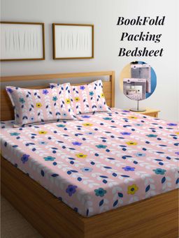 ARRABI - Pink Leaf Cotton Blend Book Fold Bedsheet With 2 Pillow Covers (Super King)