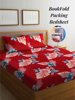 ARRABI - Red Floral Cotton Blend Book Fold Bedsheet With 2 Pillow Covers (King)