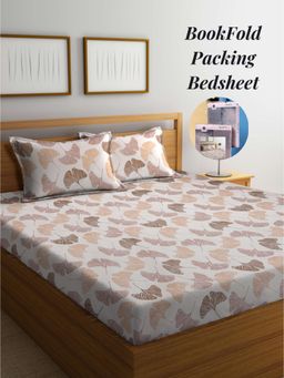 ARRABI - Cream Floral Cotton Blend Book Fold Bedsheet With 2 Pillow Covers (King)