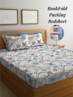 ARRABI - White Floral Cotton Blend Book Fold Bedsheet With 2 Pillow Covers (King)