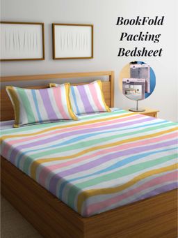 ARRABI - Multi-Color Stripes Cotton Blend Book Fold Bedsheet With 2 Pillow Covers (King)