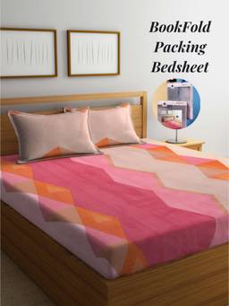 ARRABI - Multi-Color Geometric Cotton Blend Book Fold Bedsheet With 2 Pillow Covers (Super King)