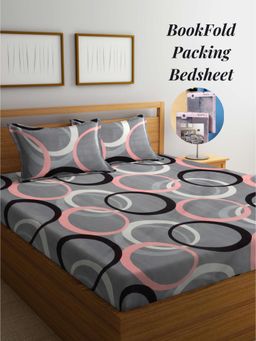 ARRABI - Grey Geometric Cotton Blend Book Fold Bedsheet With 2 Pillow Covers (King)