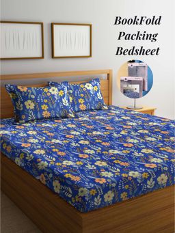 ARRABI - Blue Floral Cotton Blend Book Fold Bedsheet With 2 Pillow Covers (Super King)