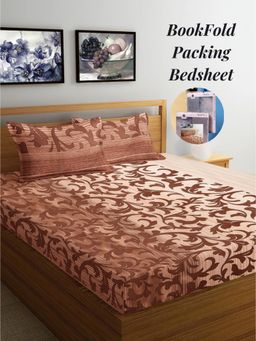 ARRABI - Brown Leaf Cotton Blend Book Fold Bedsheet With 2 Pillow Covers (King)