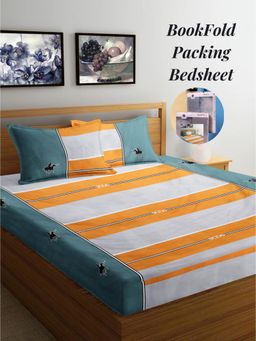 ARRABI - Multi-Color Stripes Cotton Blend Book Fold Bedsheet With 2 Pillow Covers (Super King)